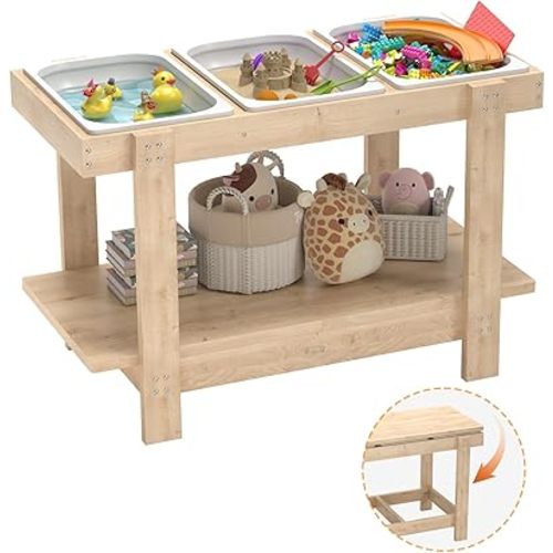 Sensory Table, Sensory Table for Toddlers 1-3,Kids Activity Desk with 3 Foldable Storage Bins,Play Sand and Water Desks for Indoor Use,Wooden Kids Play Sand Desk for Drawing,Studying,Dining