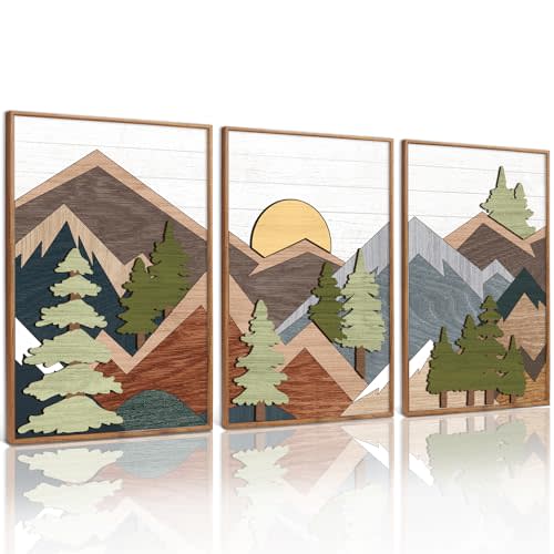 TOARTi Framed Wood Panel Mountain Forest Landscape Wall Decor (16"x24"), Vintage Nature Wilderness Woodland Wall Art, Mid Century Modern Sunrise Wooden Cut Decor for Farmhouse Bedroom Living Room