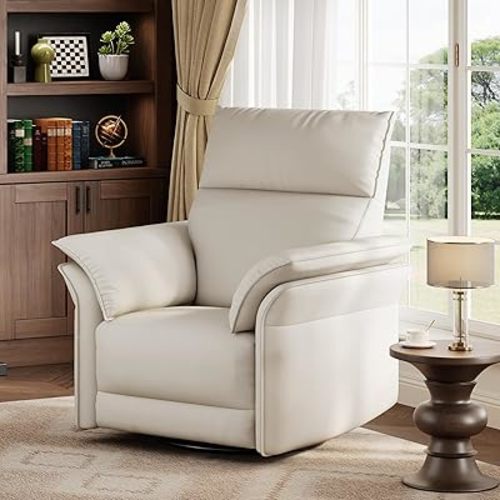 GarveeHome Power Recliner Chair Swivel Glider Upholstered Faux Leather Nursery Rocker Reclining Sofa Chair with Charging Port, Curved Armrests & Padded Backrest (White)