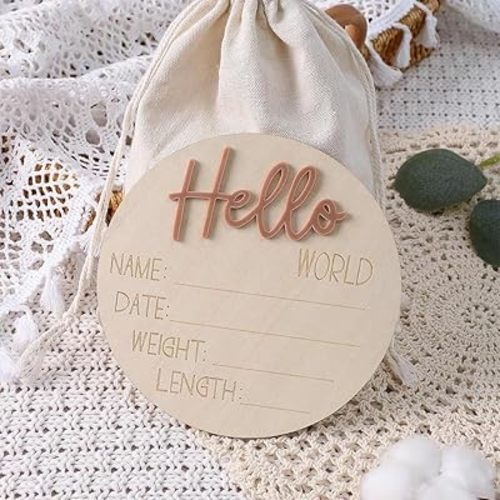 Ylsteed Baby Announcement Signs Baby Milestone Cards Wooden Newborn Photography Props Newborn Baby Birth Announcement Sign Hello World Newborn Sign Baby Shower for Boys and Girls 6 Inch-Coffee