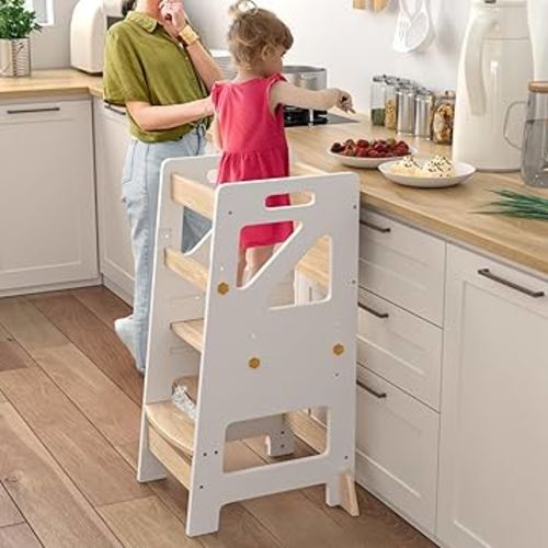 Sephyroth Adjustable Toddler Standing Tower – Complete Toddler Kitchen Stool Helper with Safety Rail – Ideal Kids Learning Step Stool for Cooking, Cleaning & More – Sturdy Wooden Design(White)