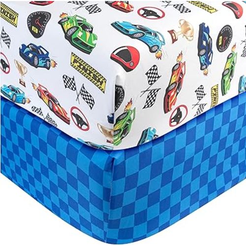 Today's Kids 2-Pack Race Cars Fitted Baby Crib Sheets Boy - Nursery Toddler Bed Sheets for Boys, Soft Breathable Microfiber, Elastic Edge with Deep Pockets, Machine Washable - Fits 28" x 52" Mattress