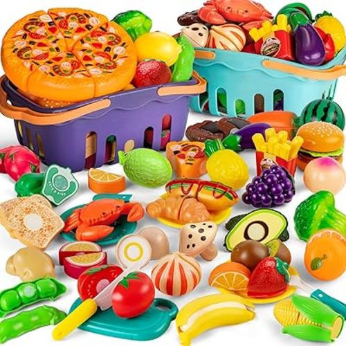 Cutting Play Food Toy For Multiple Kids with 2 Colors Storage Baskets(Purple&blue), 115 pcs Fake Food/Fruit/Vegetable for Toddler Pretend Kitchen Accessories, Boy Girl Classroom Learning/Birthday Gift