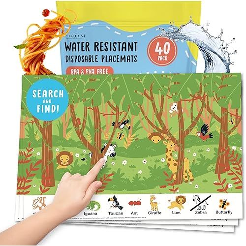 Kids Disposable Placemats - Set of 40 Adhesive Table Placemats - Jungle Animals - Sticky Placemats for Restaurant Dining Table Airplane Tray - Travel Essentials for Baby - by Central 23