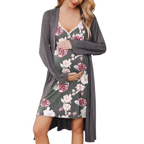 Ekouaer Maternity Nursing Gown and Robe Set 3 In 1 Labor Delivery Nuring Nightgowns for Hospital Breastfeeding Clothes