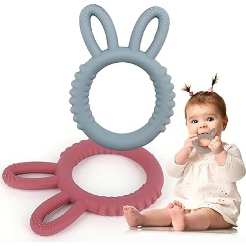 ArtCreativity Bunny Ears Teethers for Baby - Set of 2 Teething Rings - Silicone Baby Teething Toys - 0 6 12 Month Old Girl and Boy Teether Toys - Cute Bunny Gifts for Newborns