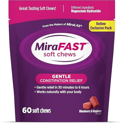 MiraFAST Soft Chews, from the makers of MiraLAX, Gentle Constipation Relief in 30min-6hrs, Fast Acting Laxative, Stimulant Free Saline Laxative, Magnesium Hydroxide, Blueberry & Raspberry Flavor, 60ct