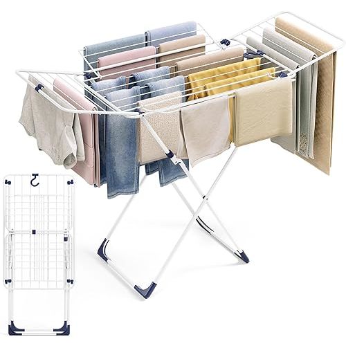 APEXCHASER Clothes Drying Rack, Metal Drying Rack Clothing, Laundry Rack Foldable, Space-Saving, Free-Standing Airer with 4 Gullwings, Indoor Outdoor Use, 55.12"*37.8"*17.52", White