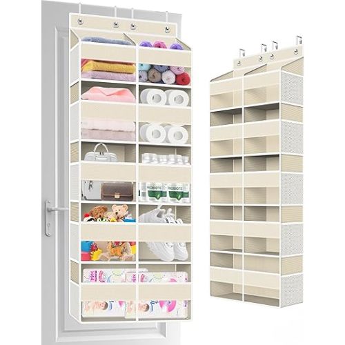 Over The Door Organizer Multi Pocket,5 Tier Large Hanging Shelf for Storage Kids Toys, Diapers, Clothes,Yarn,Heavy Duty Behind Door Storage for Bedroom Bathoom Nursery Closet Pantry,Beige