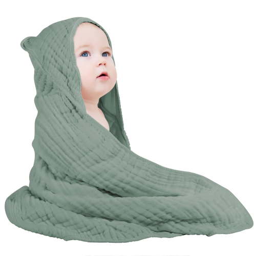 Yoofoss Hooded Baby Towels for Newborn Muslin Cotton Baby Bath Towel with Hood for Babies, Infant, Toddler and Kids, Large 32x32Inch, Soft and Absorbent Newborn Essential,Green