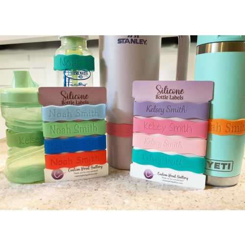 Silicone Bottle Labels 4 Pack, Wavy Waterproof Bands, Name Label for Bottles, Cups, Tumblers, Thermos, Water Bottle Labels