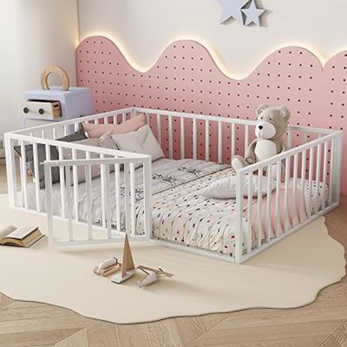 Bellemave Full Size Floor Bed with Fence and Door, Heavy Duty Montessori Floor Bed Frame Full Size, Easy Assemble Montessori Beds, White