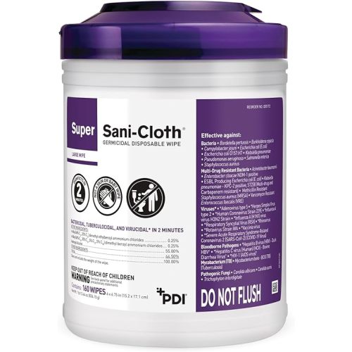 Super Sani-Cloth Germicidal Disposable Wipe - Fast 2-Minute Contact Time, Great for High-Touch Surfaces and Devices - Large Canister, 6 in. x 6.75 in., 160 Wipes, 3 Packs, 480 Total