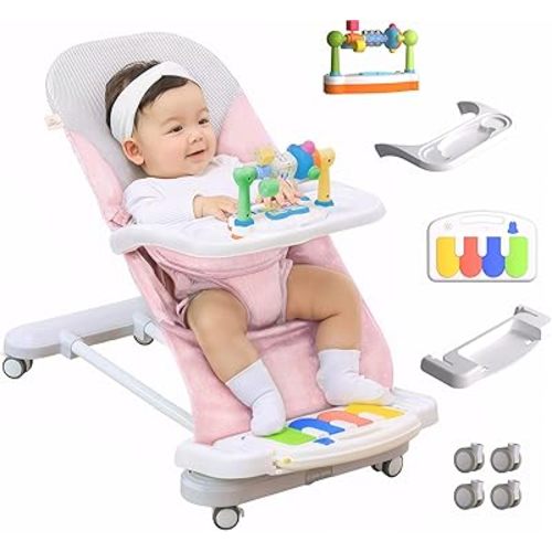 CuddoBaby Baby Bouncer 4-in-1 with Wheels, Detachable Piano, Feeding Tray, Play Bar, Thick Base. 3-Level Incline Portable Seat for Infant to Toddler 0-6, 0-12, 12-24 Months, Upto 29Lbs - Pink