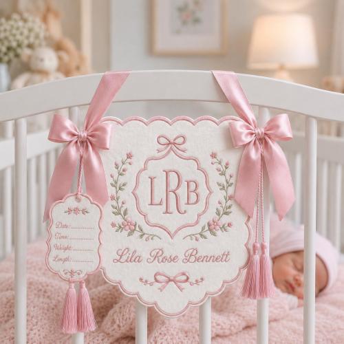 Personalized Baby Girl Hospital Banner, Embroidered Monogram Newborn Name Sign, Floral Nursery Decor