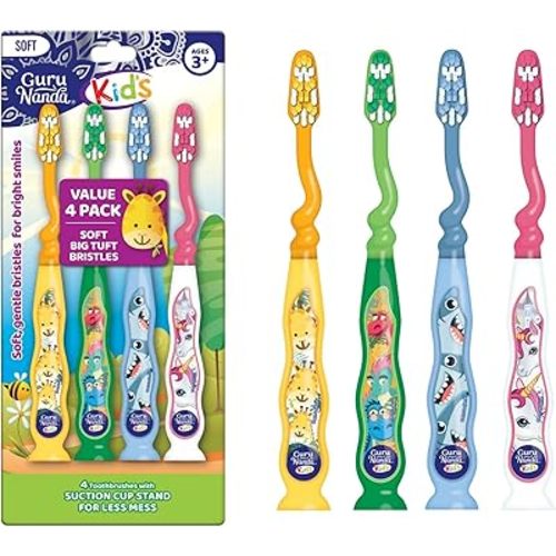 GuruNanda Kids Toothbrush with Suction Cup & Fun Animal Designs - Soft Bristles for Healthy Gums- Non-Slippery & Mess-Free Toothbrush, 3+ Age- 4 Count