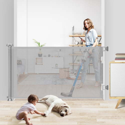 HDJ 71" Extra Wide Retractable Baby Gate, 34" Tall Mesh Baby Safety Gates for Stairs, Metal Auto-Lock Dog Gate,Grey