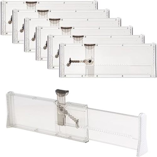 Ormeli Drawer Organizer, Expandable Dresser Separators, Adjustable Drawer Dividers for Clothes, Kitchen Utensils, Bedroom, Bookcase, with Foam Ends, Lock in Place (4" Tall 11"-17" Long, 6 Pack-Clear)