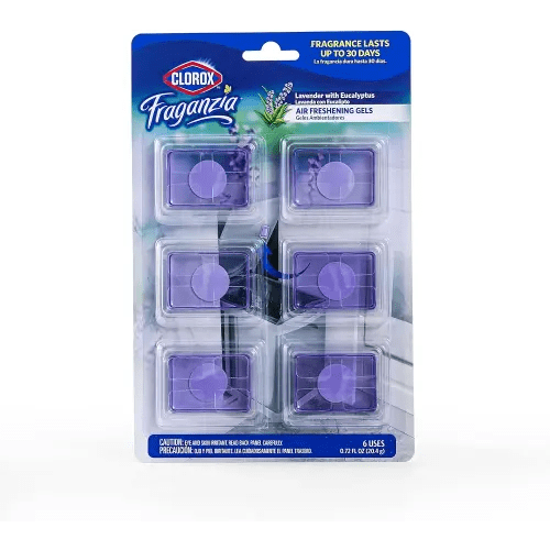 Clorox Fraganzia Adhesive Air Freshening Gels in Lavender with Eucalyptus, 6pk | No-Plug, Battery-Free Air Freshener for Garbage Cans & More, 6 Air Freshener Units