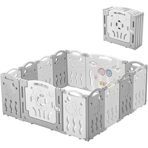 Albott Baby Playpen, Upgraded 14 Panels Foldable Baby Fence with Game Panel and Safety Gate, Adjustable Shape, Portable Play Yards for Children Toddlers Indoors or Outdoors (White+Grey,14 Panel)