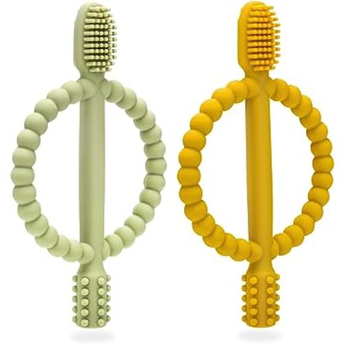 Baby Teething Toys with Easy-Hold Handle, Silicone Infant Toothbrush, Textured On Both Sides Helps Massage, Soothe Sore Gums, Teething Toys for Babies 0-6 Months, 6-12 Months
