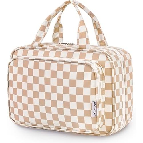 Travel Toiletry Bag for Women Large Hanging Makeup Bag Organizer Toiletries Bag for Full Size Essentials Accessories Cosmetics (Light Checkerboard (Large))