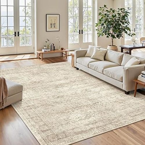Soalmost 7x9 Area Rug for Living Room Washable Abstract Vintage Soft Thin Indoor Floor Non-Slip Carpet for Bedroom Dining Room Beige