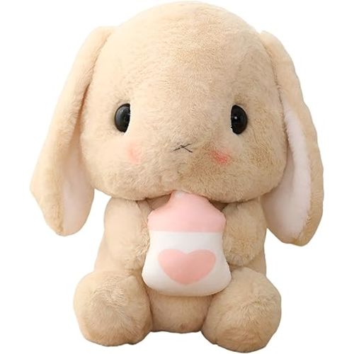 HOUPU Soft Toy - Sitting Lop Eared Rabbit, Easter White Rabbit Stuffed Bunny Animal with Carrot Soft Lovely Realistic Long-Eared Standing Pink Plush Toys (Brown-Milk Bottle,8.6in/22cm)
