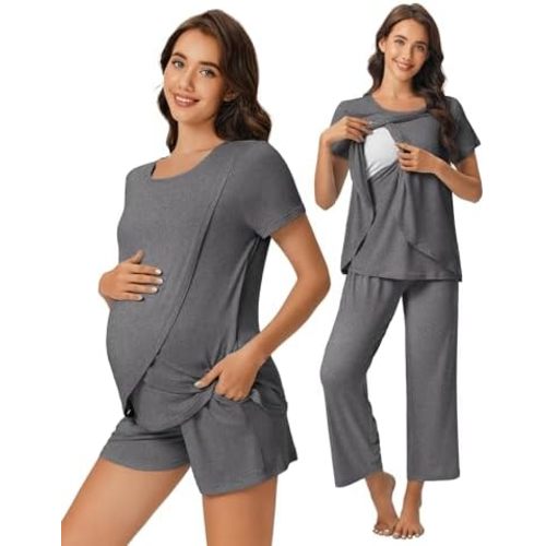 Ekouaer 3 PCS Maternity Nursing Pajamas Set Postpartum Breastfeeding Short Sleeve Shirts, Pregnancy Shorts & Pants Pjs S-XXL