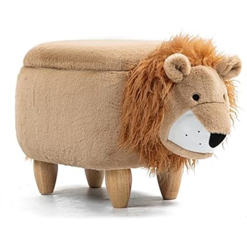 Home 2 Office Lion Ottoman with Storage for Kids – Plush Animal Footstool for Nursery, Playroom, Living Room or Bedroom – Toy Organizer and Footrest – Cute Toddler Furniture with Wooden Legs