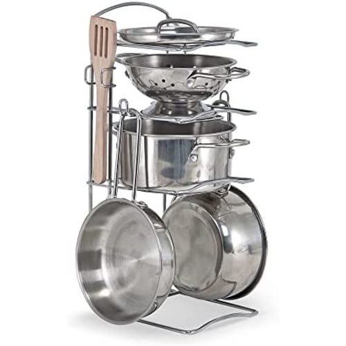 Melissa & Doug Stainless Steel Pots and Pans Pretend Play Kitchen Set for Kids (8 pcs) - Kids Kitchen Accessories Set, Toy Pots And Pans For Kids Kitchen, Cooking Toys For Kids Ages 3+