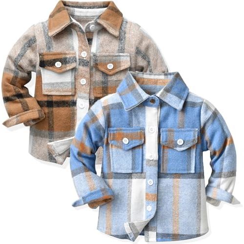 Little Flannels 2 Pack Toddler Baby Boys Plaid Flannel Shirts Jackets Long Sleeve Lapel Button Down Shirt Top Outfit