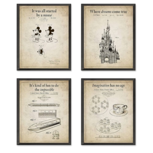 Set of 4 - Disney Unframed Vintage Patent Prints – Wall Art Featuring Castle, Mickey Mouse, Tea Cups & Monorail – Perfect Gift for Disney Fans & Home Decor, 5x7 inches