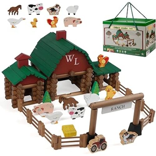 Wondertoys 164 Pcs Wooden Log Set Ranch Real Wood Logs Classic Building Log Ages 3+ Best Retro Farm Building Gift Set Creative Construction Engineering Educational Gifts