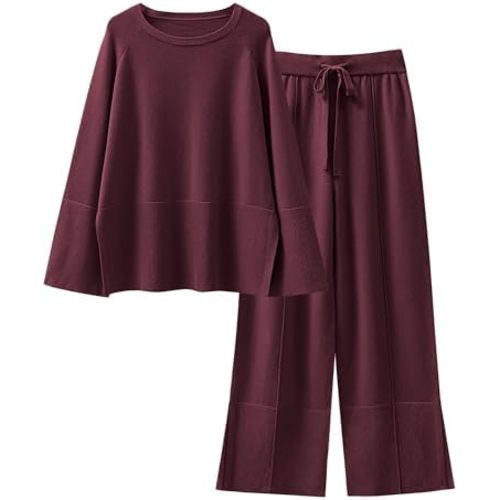 ANRABESS Womens 2 Piece Outfits Oversized Knit Sweater Set Wide Leg Pant Cozy Lounge Matching Pajama Sets 2025 Trendy Clothes
