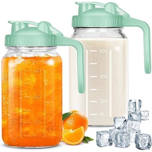 Mason Jar Pitcher, 32 OZ Breast Milk Pitcher Double Leak Proof with Pour Spout Handle, Wide Mouth Iced Tea Pitcher for Fridge, Creamer Container for Coffee, Sun Tea juice (Green,2 Pack)