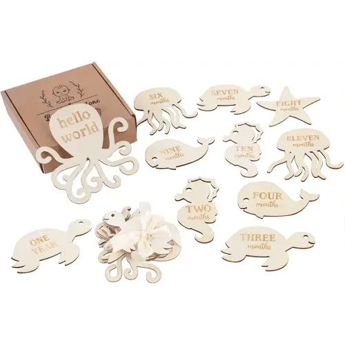 Sursurprise Under The Sea Milestone Cards, Baby Monthly Milestone Markers, Wooden Milestone Cards, 13PCS Ocaen Animals Double Sided Hello World Newborn 1-12 Months Circles Discs Signs Props