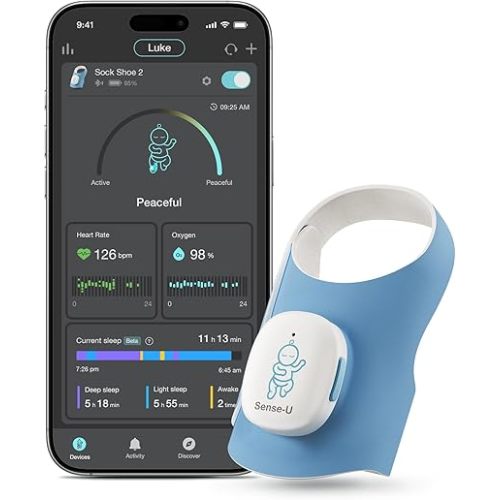Sense-U Baby Smart Sock Shoe Baby Monitor - Track Heart Rate, Movement, Heartbeat with On-Device Sleep Indicator & Notifications for 1-12M, Infant Foot Monitor, Peace of Mind