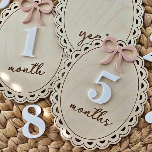 Bow Themed Monthly Milestone Discs | Baby Monthly Discs for Photos | Interchangeable Numbers Monthly Photo Prop Set | Bow Birth Announcement
