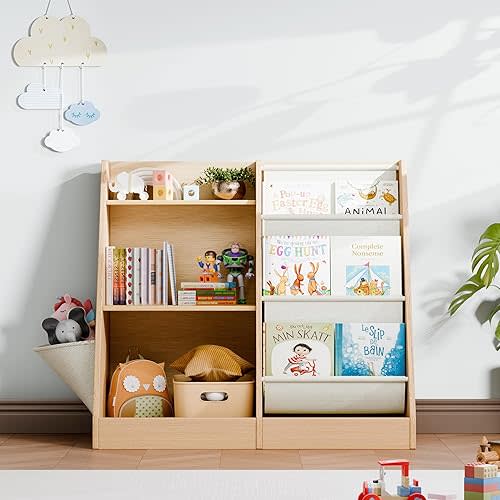 Kids Bookshelf Wooden 3-Tier with Storage Bag, Scalloped Book Shelf for Kids Rooms, Front Facing Toddler Montessori Bookshelf, Baby Nursery Book Shelves Kid Classroom Bookshelfs Bookcase