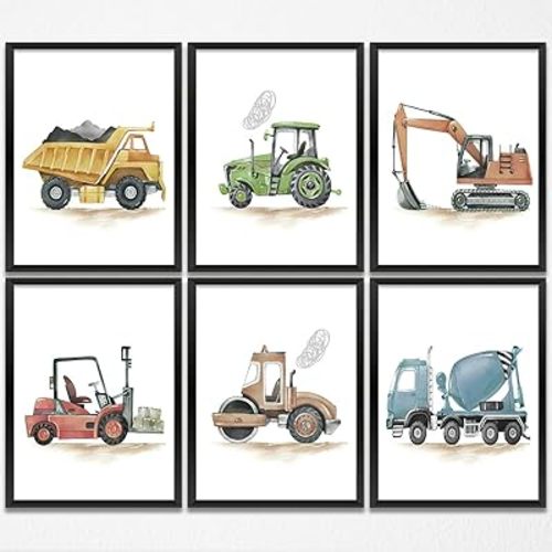 Watercolor Construction Truck Prints Wall Art Nursery Decor Boys Room Decor Cute Toddler Vehicle Pictures Artwork for Home Bedroom Playroom Baby Nursery Wall Decoration (8"x10",6Pcs, Unframed)