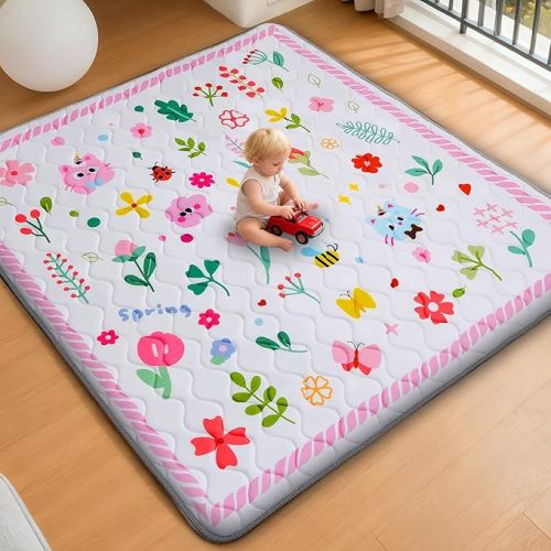 Baby Play Mat for Floor, 71'' x 59'' Thicken Foam Soft Padded Mat for Baby, Playpen Mat for Toddlers Infant Kids, Machine Washable, Non-Slip Bottom Safe for Crawling (Flower)