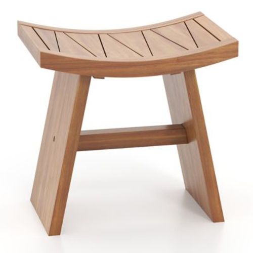 Tangkula 18 Inch Teak Wood Shower Bench Wooden Shower Stool w/ Curved Seat for Bathroom