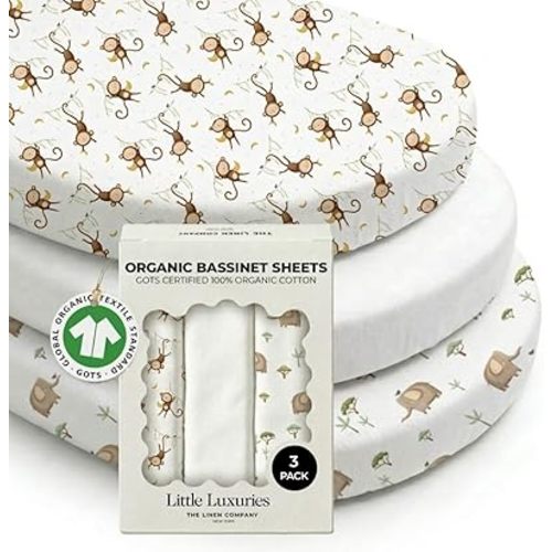 100% Organic Cotton Bassinet Sheets 3 Pack - (33 x 20 Inches) Baby Delight - GOTS Certified, Soft Breathable Percale Weave, Universal Fits Standard Oval & Rectangular Mattress - for Boys & Girls