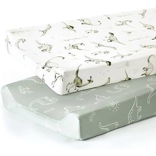 GRSSDER Stretch Ultra Soft Jersey Knit Changing Pad Cover Set 2 Pack, Change Table Pad Covers Fit 32"/34" x 16" Pads Safe and Snug, Pretty Pattern for Baby, Dinosaur