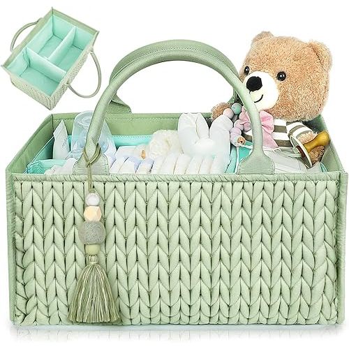 MOMINSIDE Diaper Caddy Organizer, Baby Basket Nursery Storage, Portable Changing Table Car caddy organizer for Girl Boy, Baby Registry Baby Shower Gifts, Newborn Essentials(Fair Green)