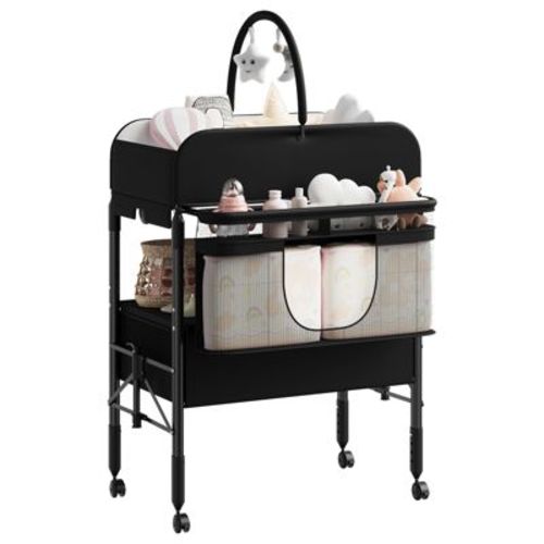 Portable Collapsible Baby Changing Table, Diaper Station with Drawers & Wheels, Adjustable Height Mobile Nursery Organizer