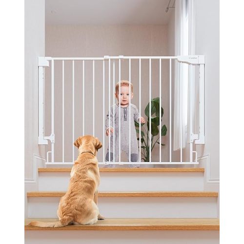 Cumbor 29.2-43" No Bottom Bar Baby Gate for Stairs, 2-in-1 Auto Close Dog Gate Indoor, Hardware Mounted Pet Gate for Doorways with Large Walk Thru Door, Child-Proof Safety Gate for Kids (White)