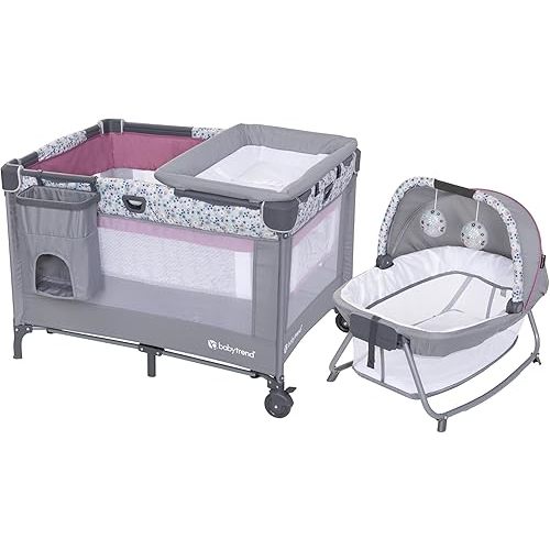 Baby Trend Nursery Den Playard with with Rocking Cradle, Snooze Pod, Flip Over Changer, Daisy Pink