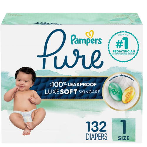 Pampers Pure Protection Diapers, Size 1, 132 Count - Hypoallergenic, Shea Butter Enriched, 12 Hour Leakage Protection